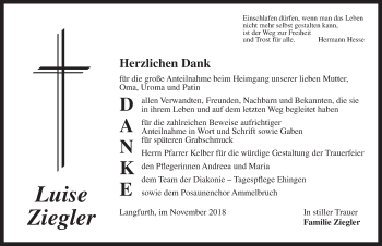 Traueranzeige von Luise Ziegler von Dinkelsbuhl/ Feuchtwangen