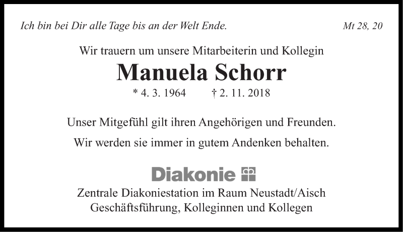  Traueranzeige für Manuela Schorr vom 08.11.2018 aus Neustadt/ Scheinfeld/ Uffenheim