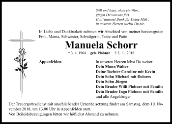 Traueranzeige von Manuela Schorr von Ansbach