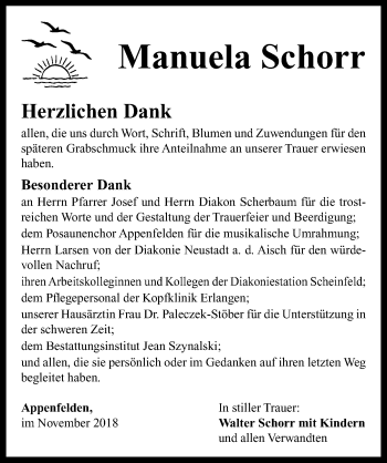 Traueranzeige von Manuela Schorr von Neustadt/ Scheinfeld/ Uffenheim