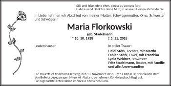 Traueranzeige von Maria Florkowski von Ansbach