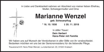 Traueranzeige von Marianne Wenzel von Ansbach