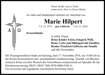 Traueranzeige von Marie Hilpert von Neustadt/ Scheinfeld/ Uffenheim