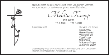 Traueranzeige von Melitta Knopp von Ansbach