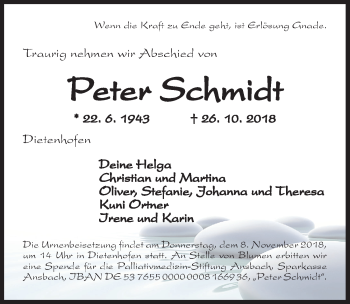 Traueranzeige von Peter Schmidt von Ansbach
