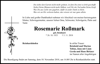 Traueranzeige von Rosemarie Roßmark von Neustadt/ Scheinfeld/ Uffenheim