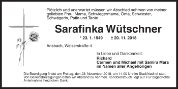 Traueranzeige von Sarafinka Wütschner von Ansbach
