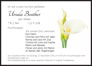 Traueranzeige von Ursula Beuther von Dinkelsbühl/ Feuchtwangen