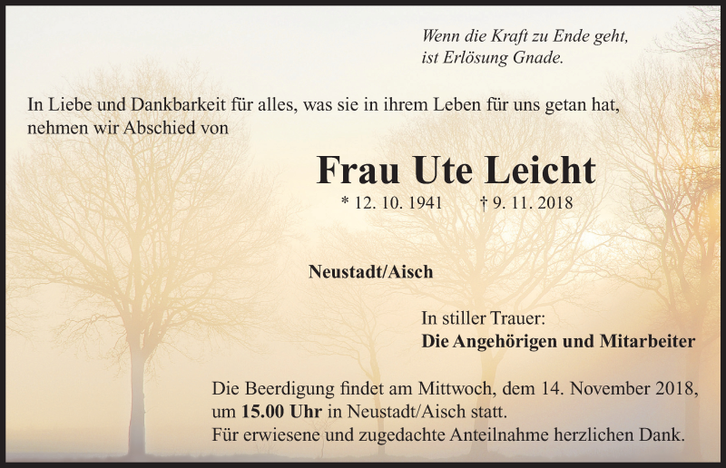  Traueranzeige für Ute Leicht vom 13.11.2018 aus Neustadt/ Scheinfeld/ Uffenheim
