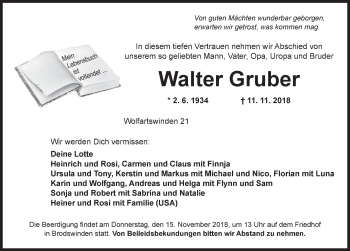 Traueranzeige von Walter Gruber von Ansbach