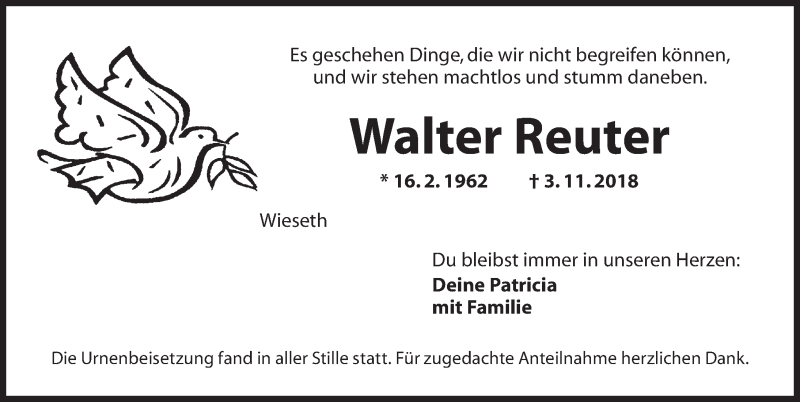  Traueranzeige für Walter Reuter vom 16.11.2018 aus Dinkelsbuhl/ Feuchtwangen
