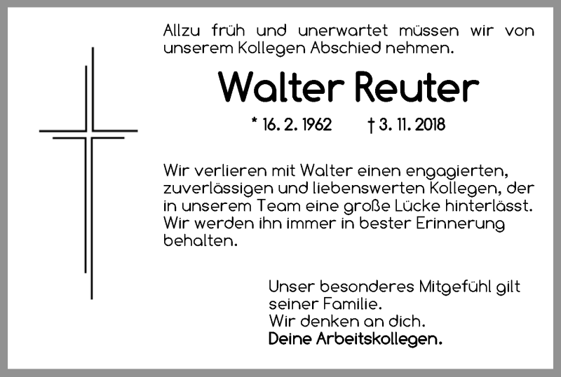  Traueranzeige für Walter Reuter vom 10.11.2018 aus Dinkelsbühl/ Feuchtwangen