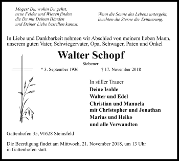 Traueranzeige von Walter Schopf von Rothenburg