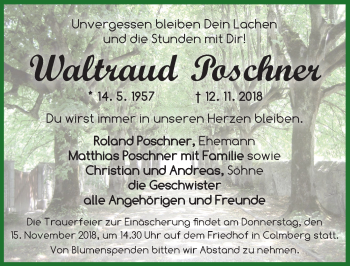 Traueranzeige von Waltraud Poschner von Ansbach