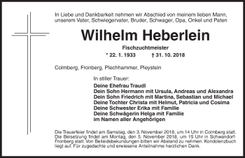 Traueranzeige von Wilhelm Heberlein von Ansbach