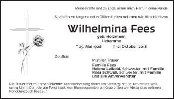 Traueranzeige von Wilhelmine Fees von Dinkelsbuhl/ Feuchtwangen