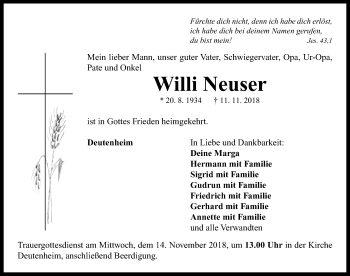 Traueranzeige von Willi Neuser von Neustadt/ Scheinfeld/ Uffenheim