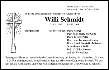 Traueranzeige von Willi Schmidt von Neustadt/ Scheinfeld/ Uffenheim