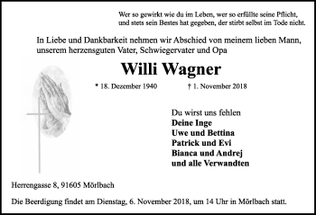 Traueranzeige von Willi Wagner von Neustadt/ Scheinfeld/ Uffenheim