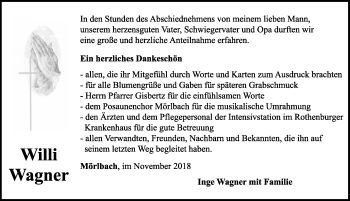Traueranzeige von Willy Wagner von Neustadt/ Scheinfeld/ Uffenheim