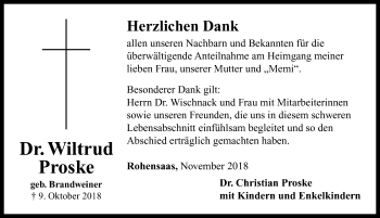 Traueranzeige von Wiltrud Proske von Neustadt/ Scheinfeld/ Uffenheim