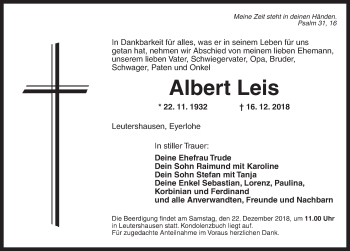 Traueranzeige von Albert Leis von Ansbach
