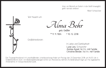 Traueranzeige von Alma Behr von Dinkelsbuhl/ Feuchtwangen
