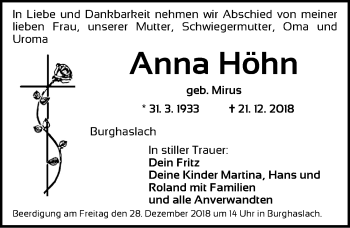 Traueranzeige von Anna Höhn von Neustadt/ Scheinfeld/ Uffenheim