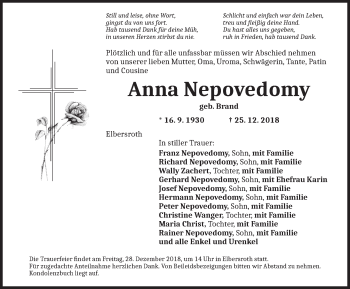 Traueranzeige von Anna Nepovedomy von Ansbach