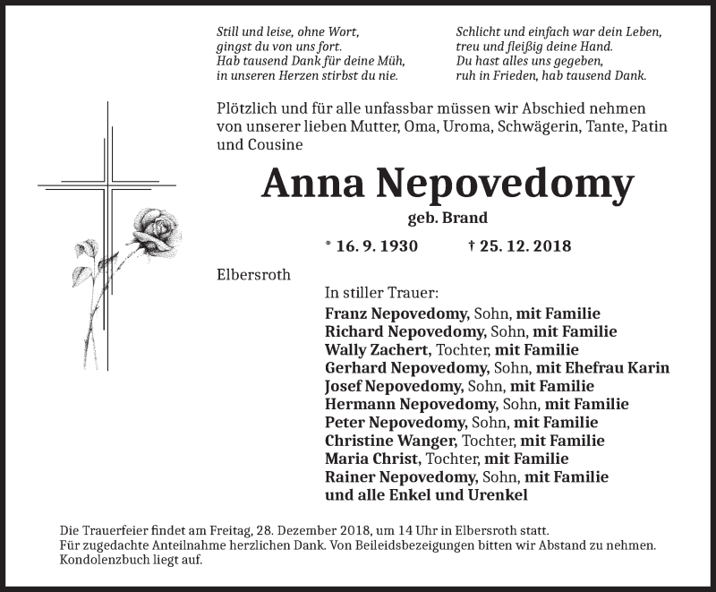  Traueranzeige für Anna Nepovedomy vom 27.12.2018 aus Dinkelsbuhl/ Feuchtwangen