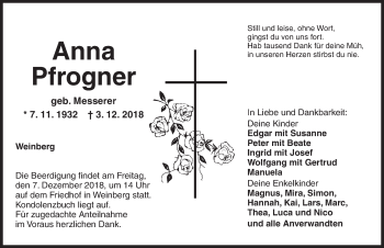 Traueranzeige von Anna Pfrogner von Dinkelsbuhl/ Feuchtwangen