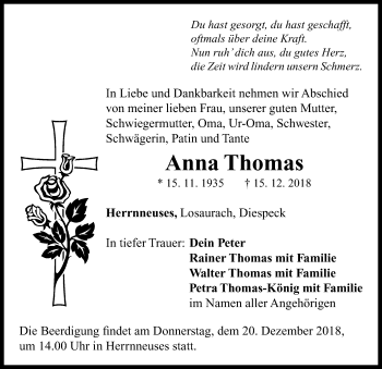 Traueranzeige von Anna Thomas von Neustadt/ Scheinfeld/ Uffenheim