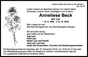 Traueranzeige von Anneliese Beck von Ansbach