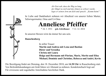 Traueranzeige von Anneliese Pfeiffer von Neustadt/ Scheinfeld/ Uffenheim