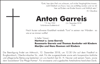 Traueranzeige von Anton Garreis von Neustadt/ Scheinfeld/ Uffenheim