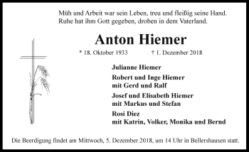 Traueranzeige von Anton Hiemer von Rothenburg