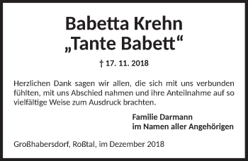 Traueranzeige von Babetta Krehn von Ansbach