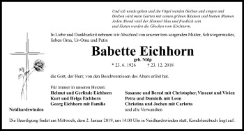 Traueranzeige von Babette Eichhorn von Neustadt/ Scheinfeld/ Uffenheim