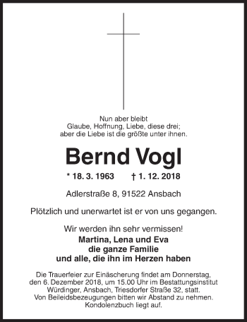 Traueranzeige von Bernd Vogl von Ansbach
