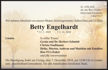 Traueranzeige von Betty Engelhardt von Neustadt/ Scheinfeld/ Uffenheim