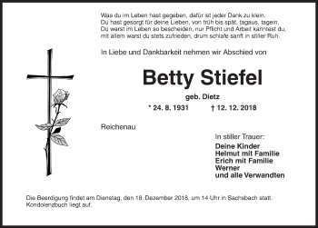 Traueranzeige von Betty Stiefel von Dinkelsbuhl/ Feuchtwangen