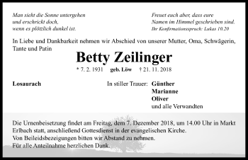 Traueranzeige von Betty Zeilinger von Neustadt/ Scheinfeld/ Uffenheim
