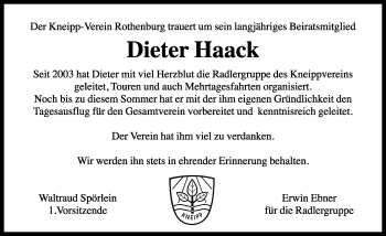 Traueranzeige von Dieter Haack von Rothenburg