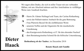 Traueranzeige von Dieter Haack von Rothenburg