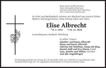 Traueranzeige von Elise Albrecht von Ansbach