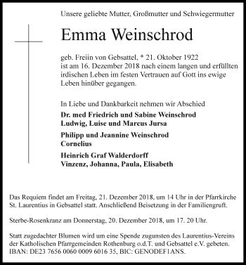 Traueranzeige von Emma Weinschrod von Rothenburg