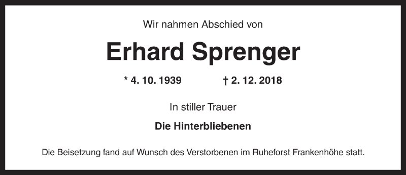  Traueranzeige für Erhard Sprenger vom 19.12.2018 aus Ansbach