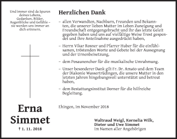 Traueranzeige von Erna Simmet von Dinkelsbuhl/ Feuchtwangen