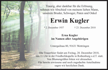 Traueranzeige von Erwin Kugler von Rothenburg