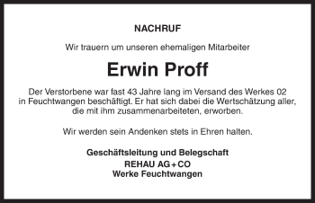 Traueranzeige von Erwin Proff von Dinkelsbühl/ Feuchtwangen